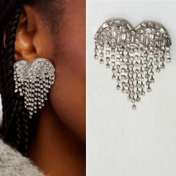 Free People Jewelry - Free People Hearts On Fire Dangle Earrings Rhinestone Heart Fringe Statement NWT